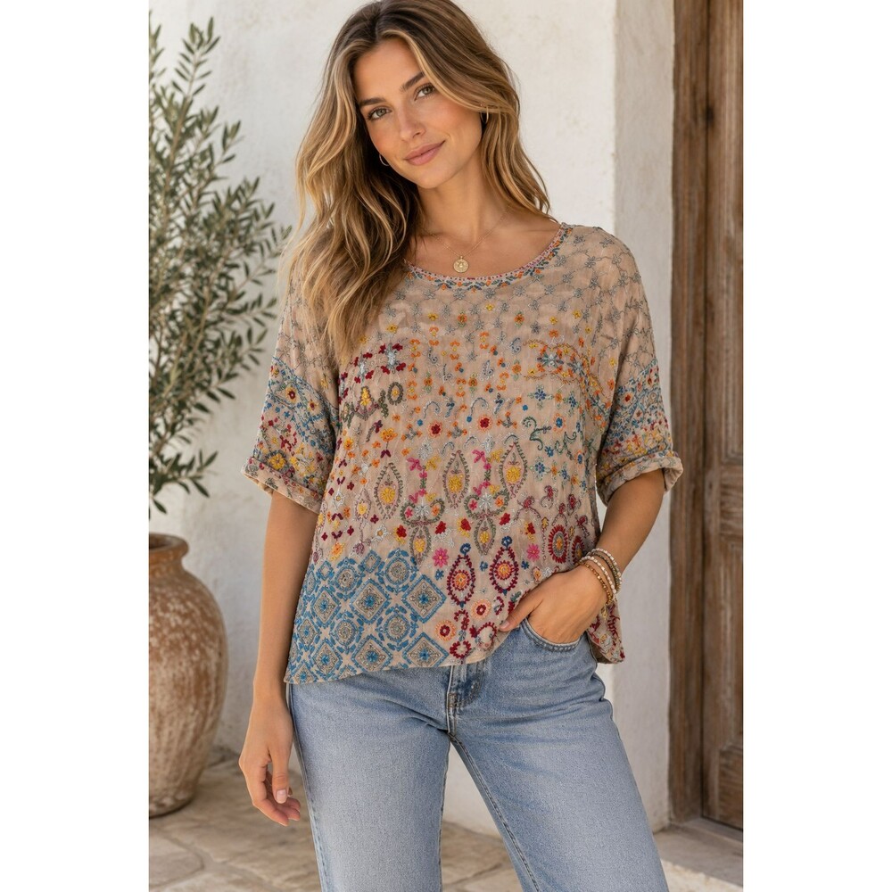Johnny Was Embroidered Boho Blouse Floral Beige Multicolor Bohemian Tunic Top